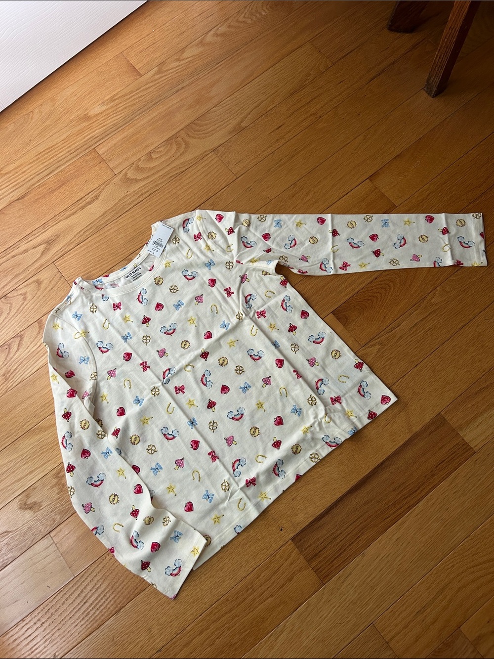 Old Navy Cream Long Sleeve Tee with Pink, Blue & Yellow Prints